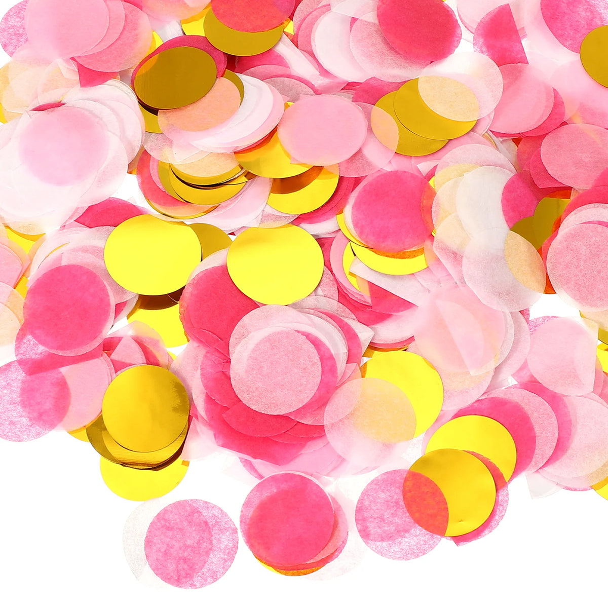 A pile of round tissue paper confetti dots in shades of pink and gold.