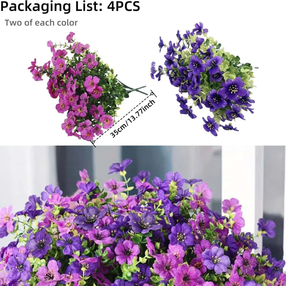 A collection of purple and pink artificial flowers in a packaging list showing four pieces per color.