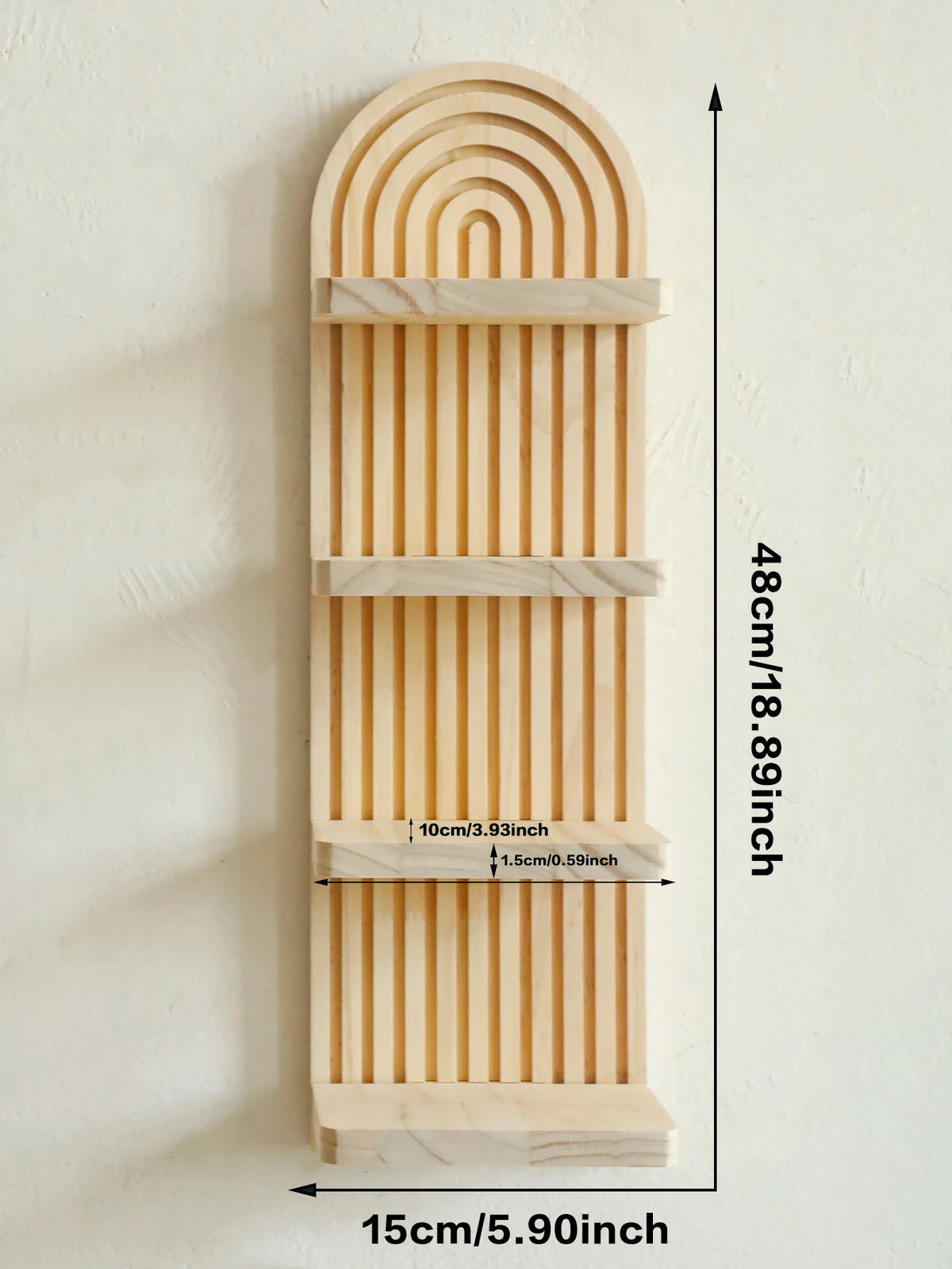 A vertical wooden wall shelf with a curved top and multiple horizontal slats for display.