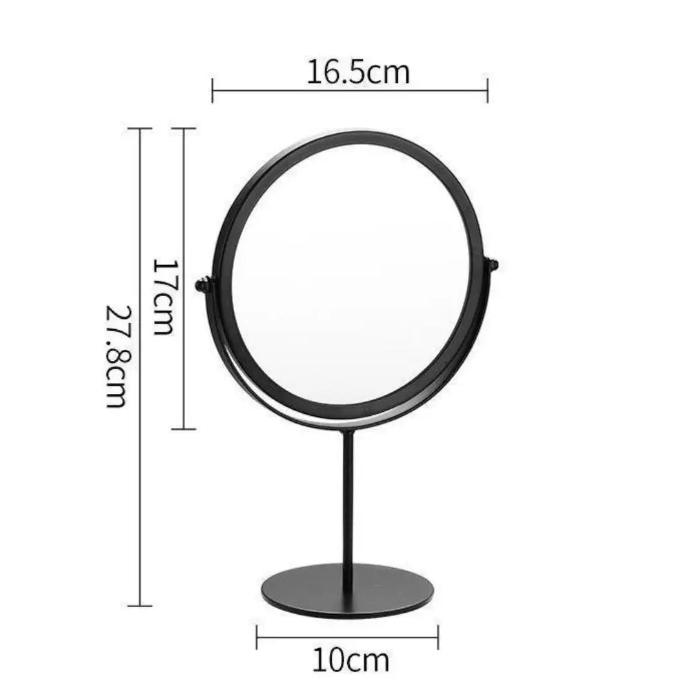 A black 360° rotating metal makeup mirror with a stand, shown in a side view.