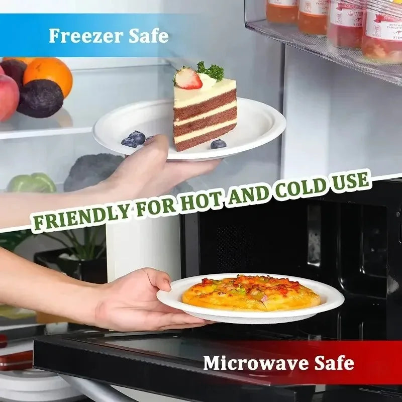 Disposable paper plates being used for food, demonstrating freezer safe and microwave safe qualities.