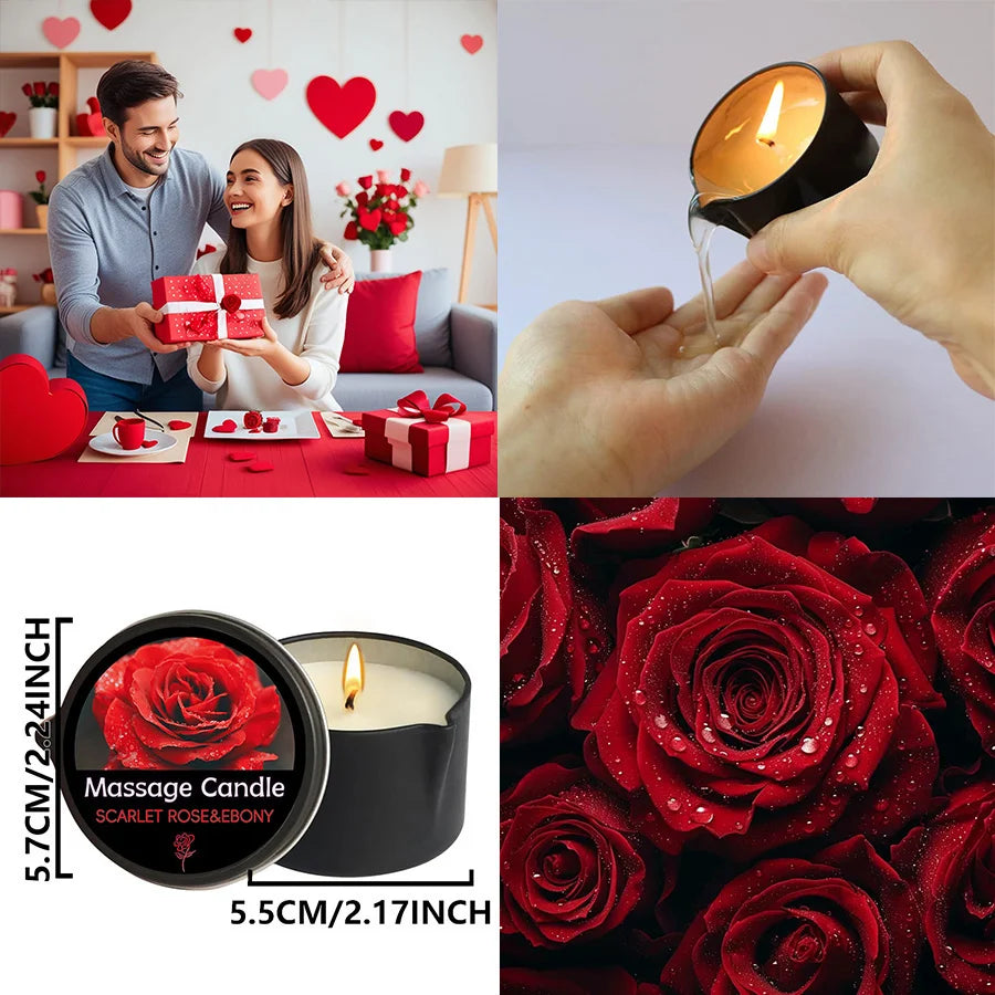 A close-up of a black massage candle with a lit wick, surrounded by red roses and scattered rose petals.