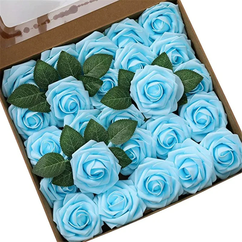 A box filled with light blue foam rose artificial flowers with green leaves.