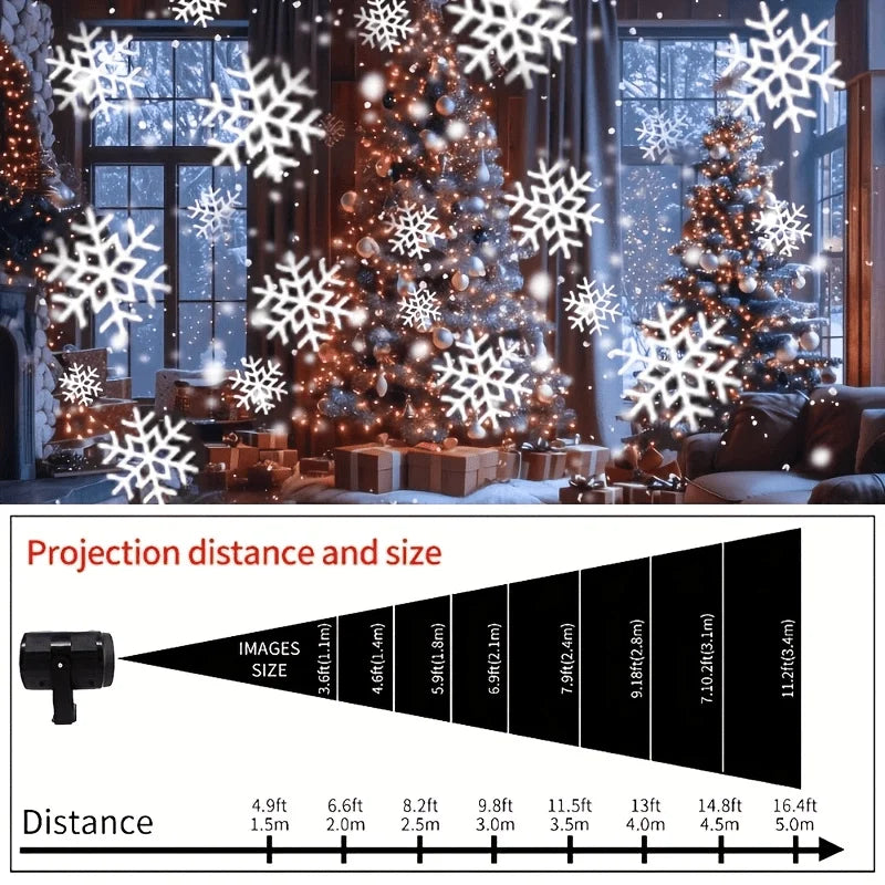 A projection light casts white snowflakes onto a Christmas tree and surrounding decor.