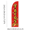 A vertical red feather flag banner advertising tacos with musical notes and a cactus illustration.