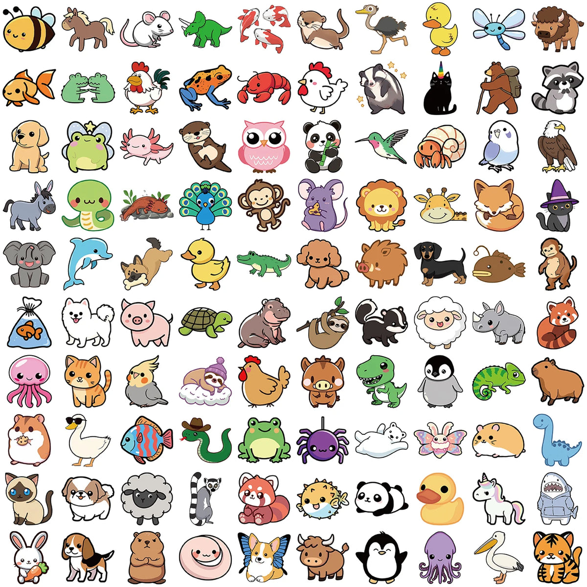 A collection of 50 assorted animal stickers featuring various cute and funny creatures for kids and teens