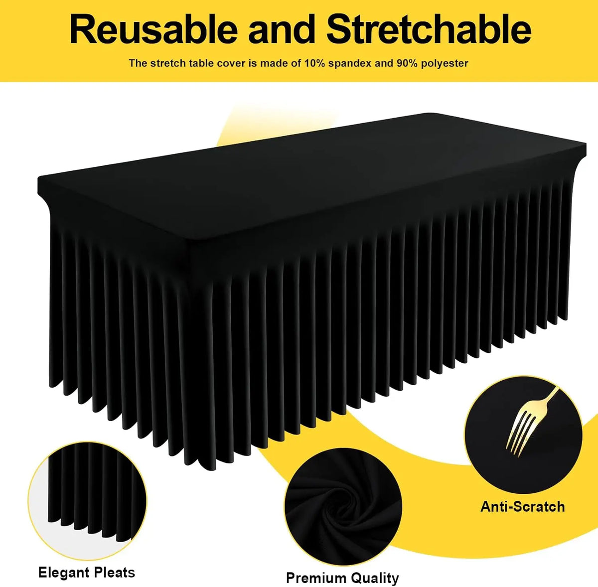 Black reusable and stretchable table cover with elegant pleats and anti-scratch finish