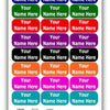 A pack of colorful, waterproof name tags in various colors and sizes, along with icons for different uses like washing, freez