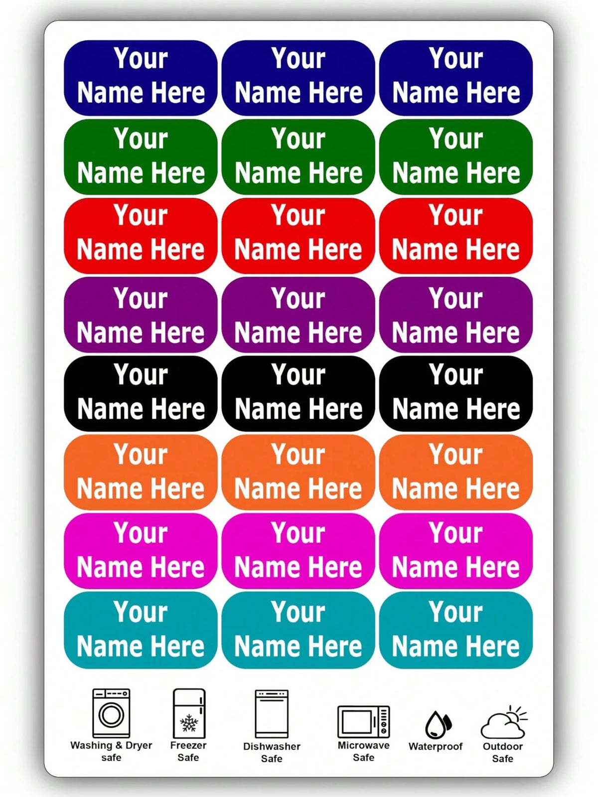 A pack of colorful, waterproof name tags in various colors and sizes, along with icons for different uses like washing, freez