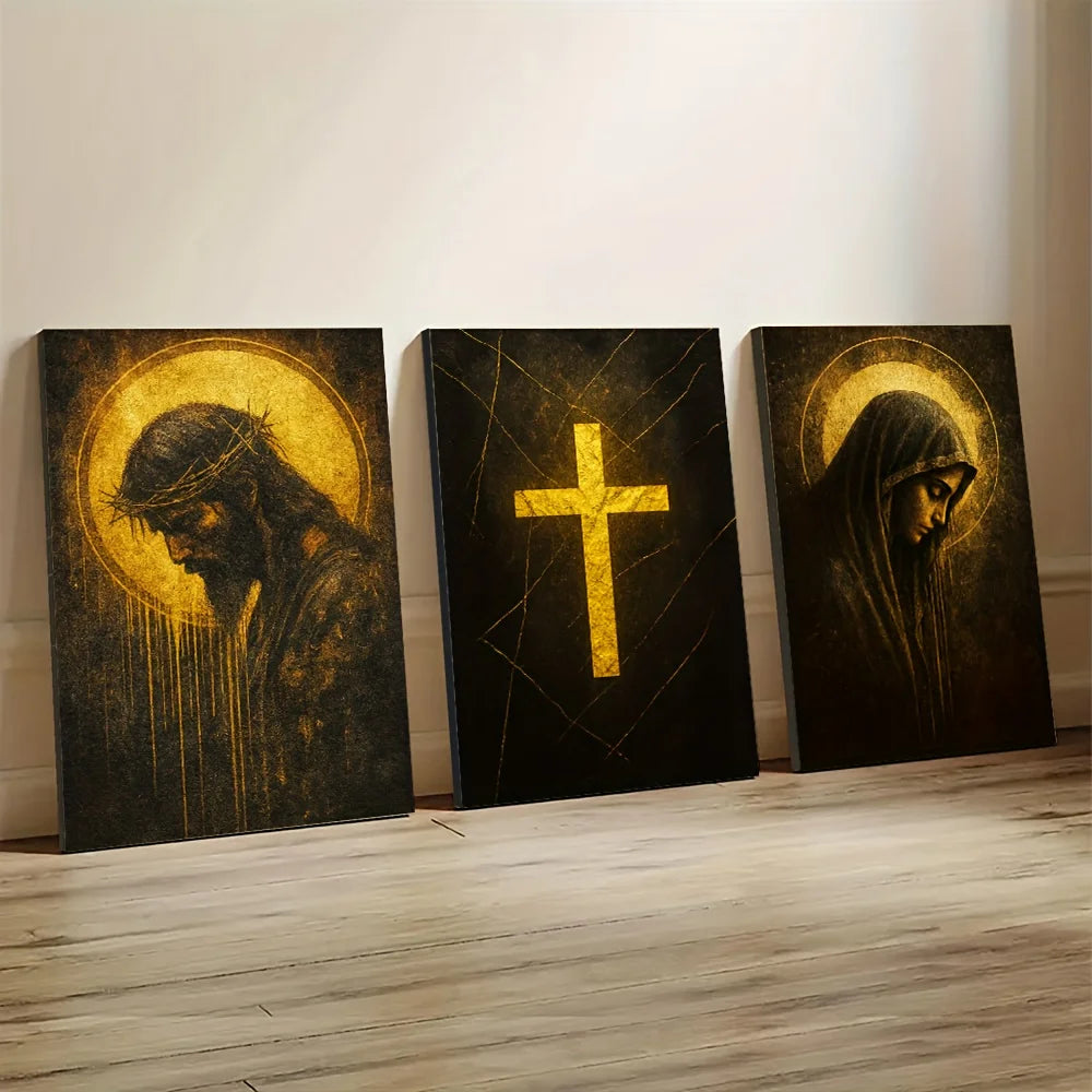 Three dark canvas prints depicting Jesus and the Virgin Mary with a cross symbol
