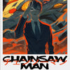 Chainsaw Man anime poster featuring a dark-haired man in a suit against an orange and dark background.