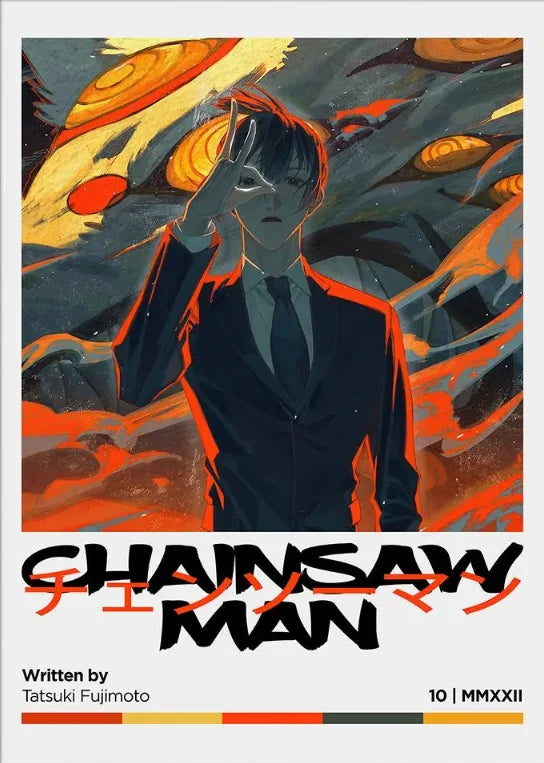 Chainsaw Man anime poster featuring a dark-haired man in a suit against an orange and dark background.
