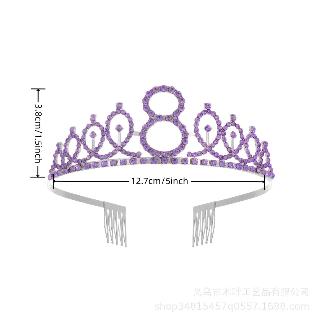 Purple princess birthday tiara crown sash set for girls with silver fringe