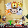 A collection of foil balloons featuring cartoon safari animals like a monkey, tiger, and elephant.