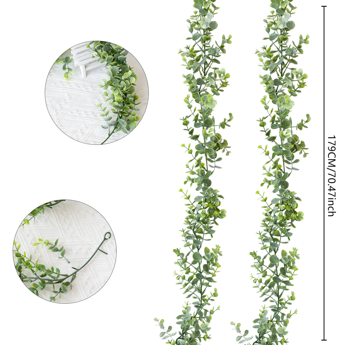 Two vertical strands of artificial eucalyptus greenery used for floral decoration