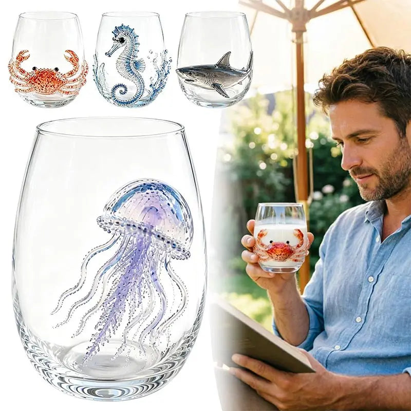 A collection of stemless wine glasses featuring handcrafted blue-ringed octopus and other ocean-themed decorations.