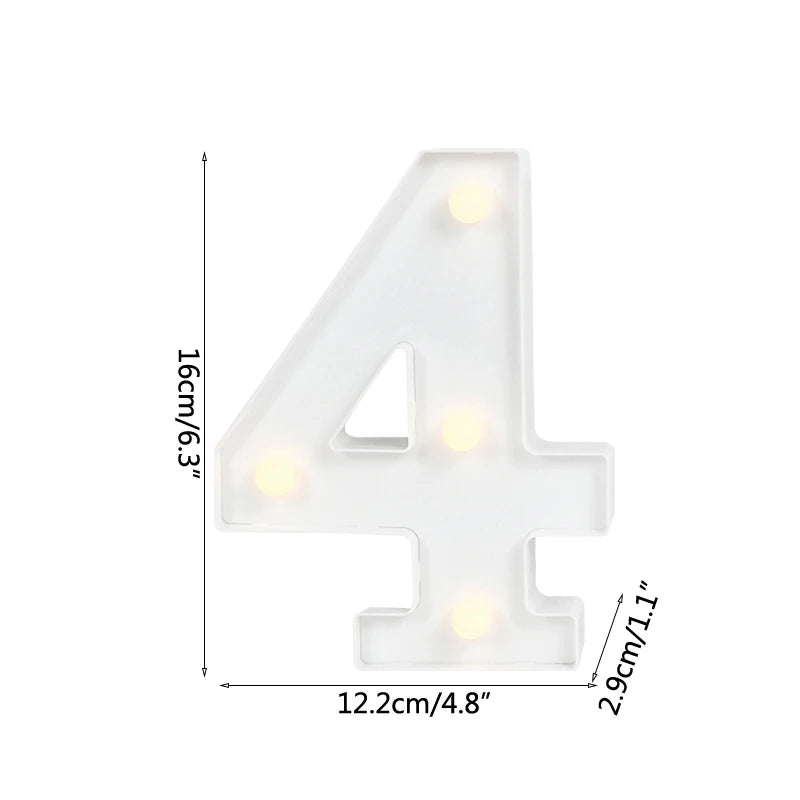 A white alphabet letter light shaped like the number four with warm white LED lights.