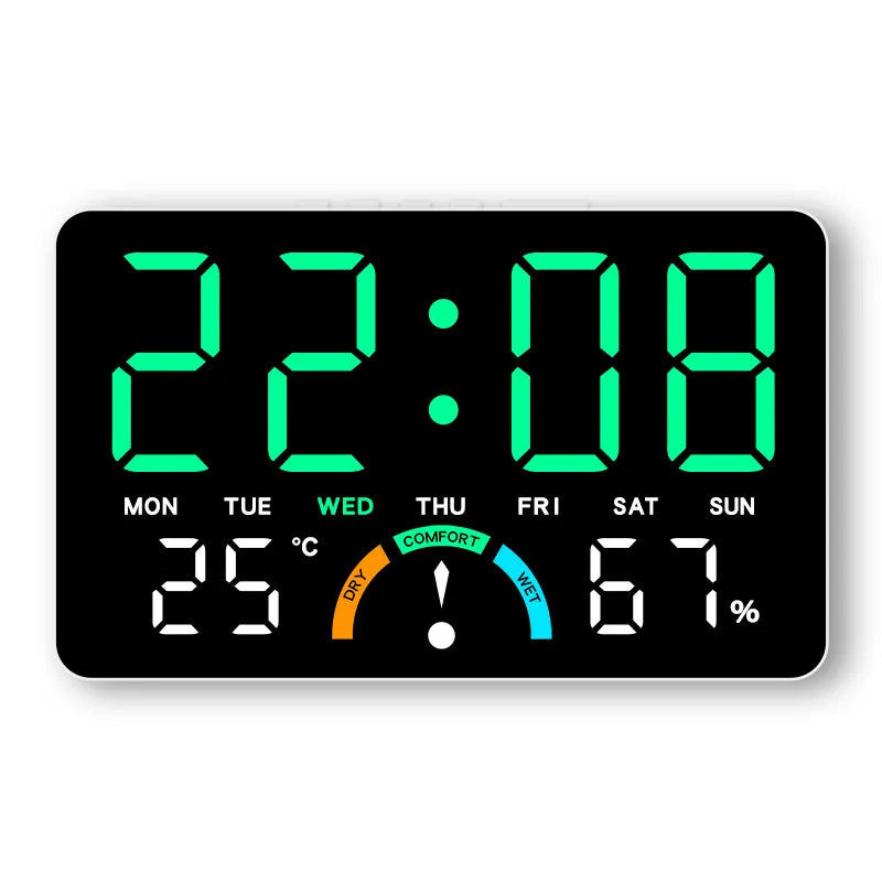 Digital alarm clock displaying 22:08 with a temperature of 25 degrees Celsius and humidity of 67 percent