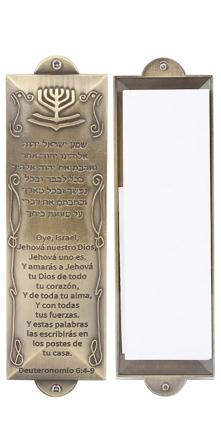 A decorative Mezuzah case with a scripture scroll and peel-and-stick mounting for Jewish tradition.