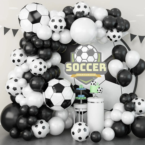 A balloon garland arch kit featuring black and white balloons for soccer-themed birthday party decorations.