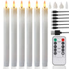 A set of white LED taper candles, a remote control, and various light modes are displayed on a white background.