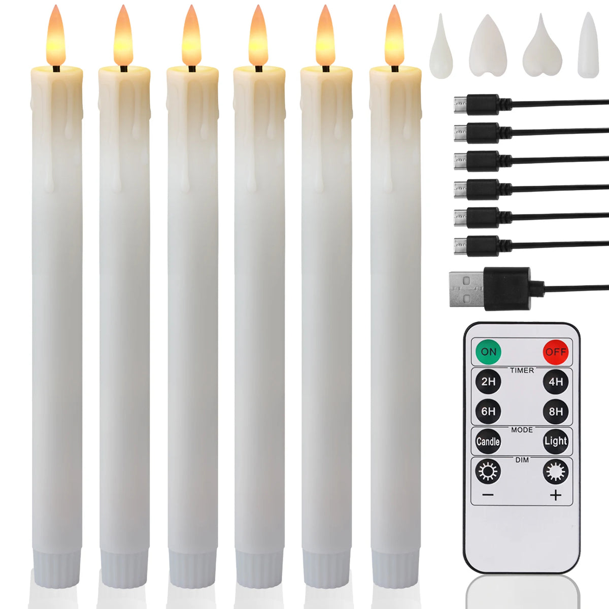 A set of white LED taper candles, a remote control, and various light modes are displayed on a white background.