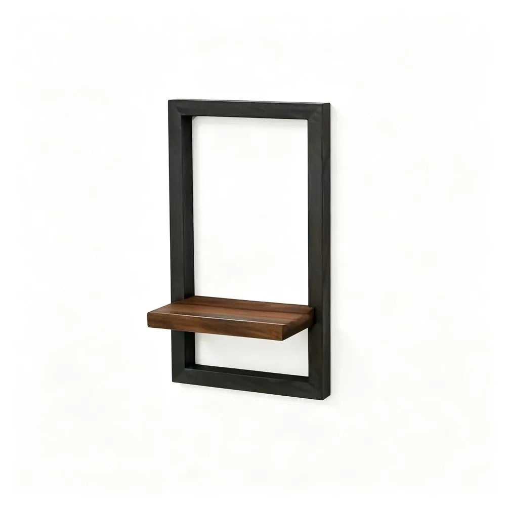 A black wooden floating wall shelf with a rectangular frame and a dark wood shelf insert.