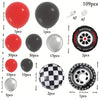 A collection of 109 pieces including red, black, and silver latex balloons and a racing tire.