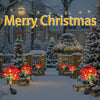 A festive outdoor scene featuring a snowy path lined with potted pine trees and bright red poinsettia garden lights for Chris