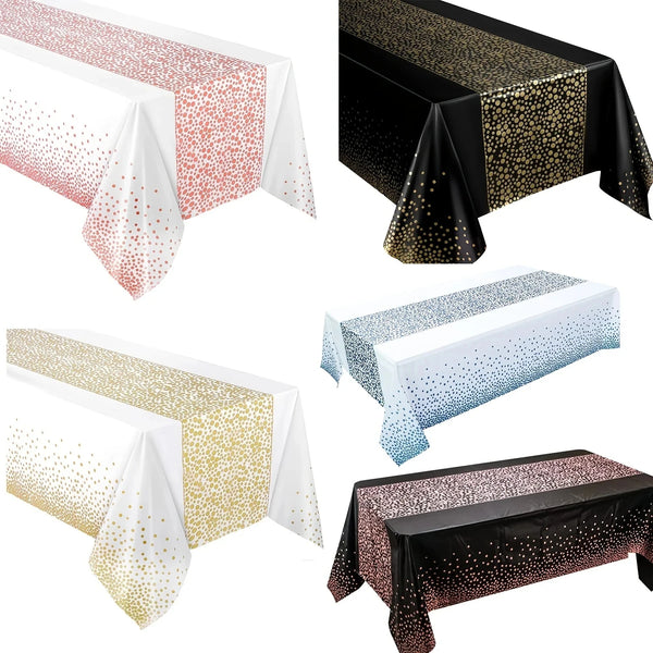 Various polka dot disposable tablecloths in pink, gold, white, and black patterns