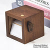 A wooden hand-crank flip photo frame in walnut wood with a brass knob and an LED light.
