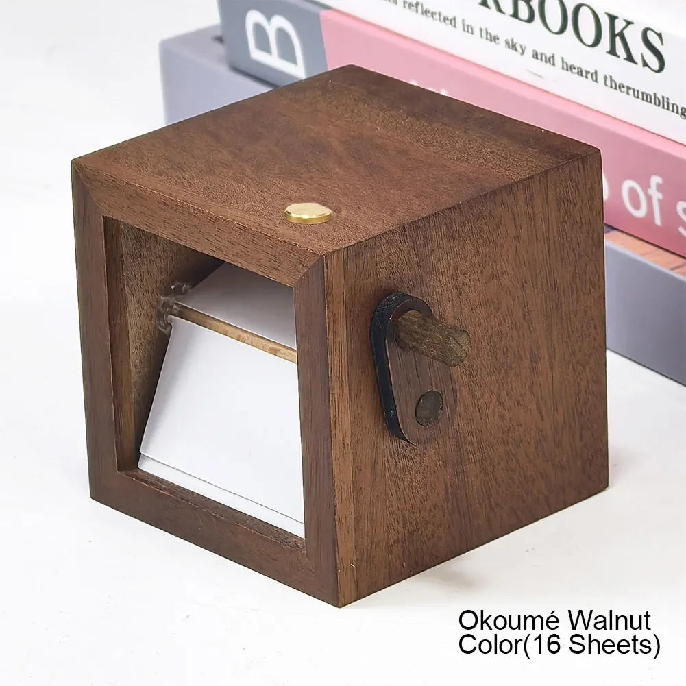 A wooden hand-crank flip photo frame in walnut wood with a brass knob and an LED light.