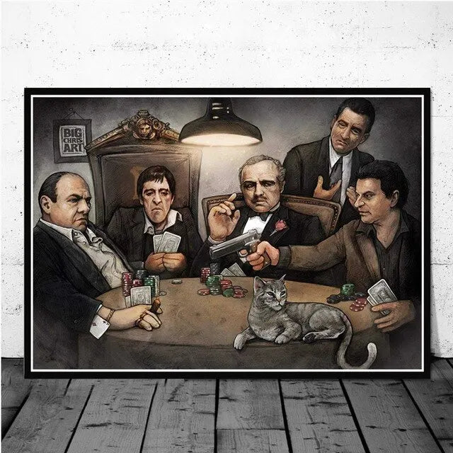A painting depicting several men gathered around a table with a cat, inspired by The Godfather.