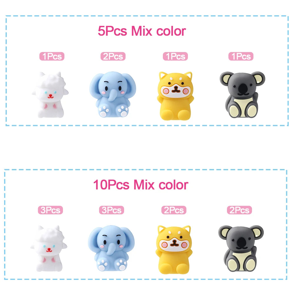 A collection of 10 silicone plant beads in various colors and shapes including a white rabbit, blue elephant, yellow cat, and