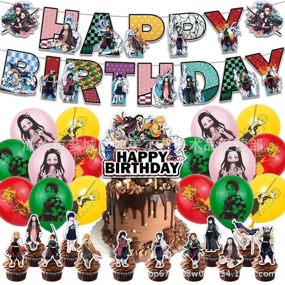 A banner featuring a Happy Birthday message with Demon Slayer themed decorations and character figures.