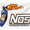 A banner flag featuring a bottle of NOS energy drink and the NOS logo with an arrow design.