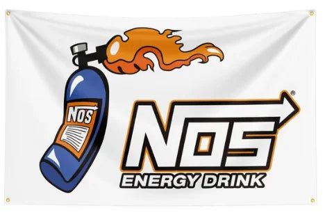 A banner flag featuring a bottle of NOS energy drink and the NOS logo with an arrow design.