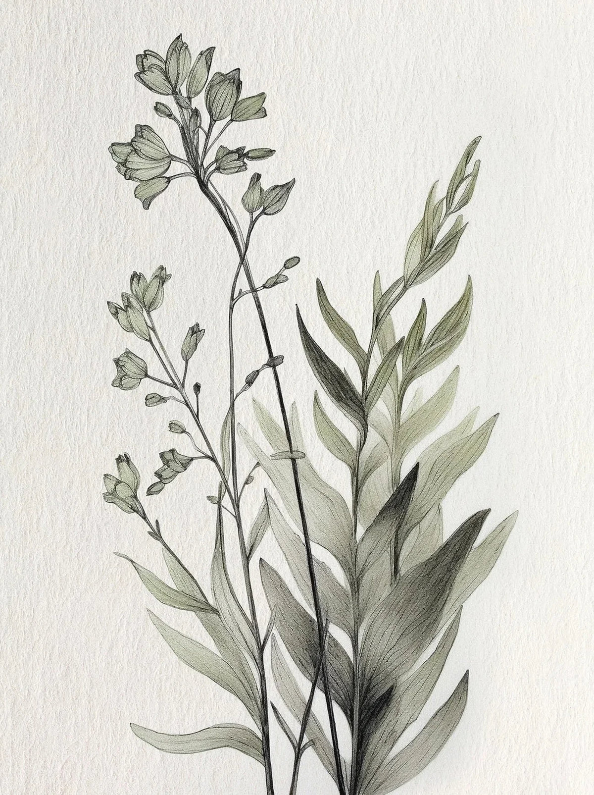 A delicate botanical illustration of a flowering plant with elongated leaves and small buds drawn in graphite on white paper.