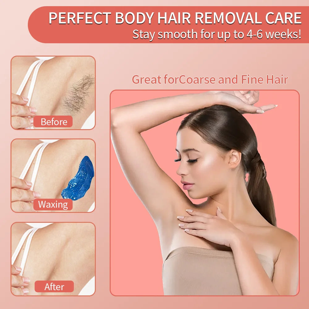 Demonstration of body hair removal using a waxer, showing before and after results.