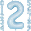 A large light blue foil number balloon shaped like the number 2, surrounded by other numbers.