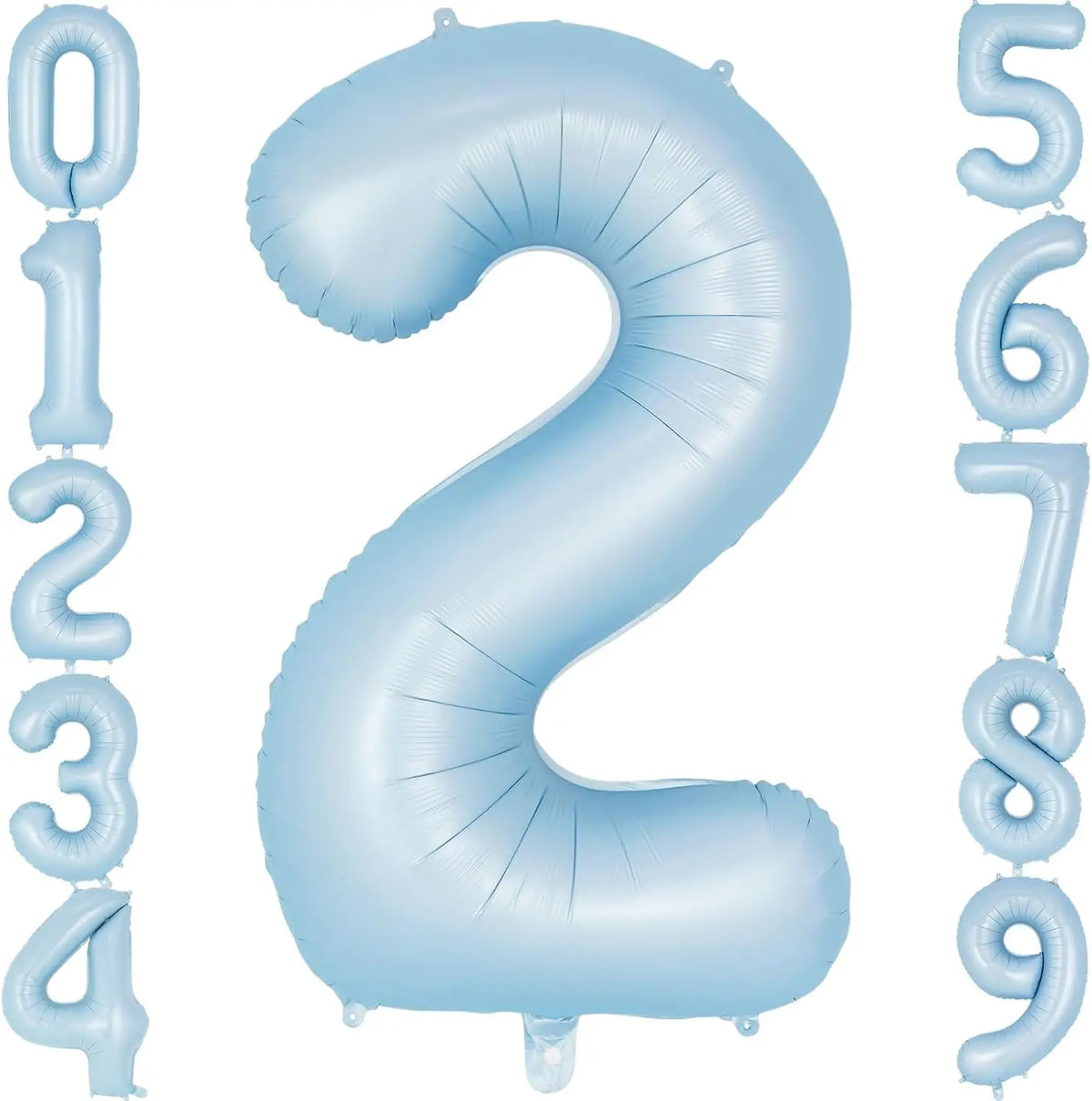 A large light blue foil number balloon shaped like the number 2, surrounded by other numbers.