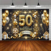 A large banner featuring the number 50 in gold glitter surrounded by gold and black celebratory decor and balloons.