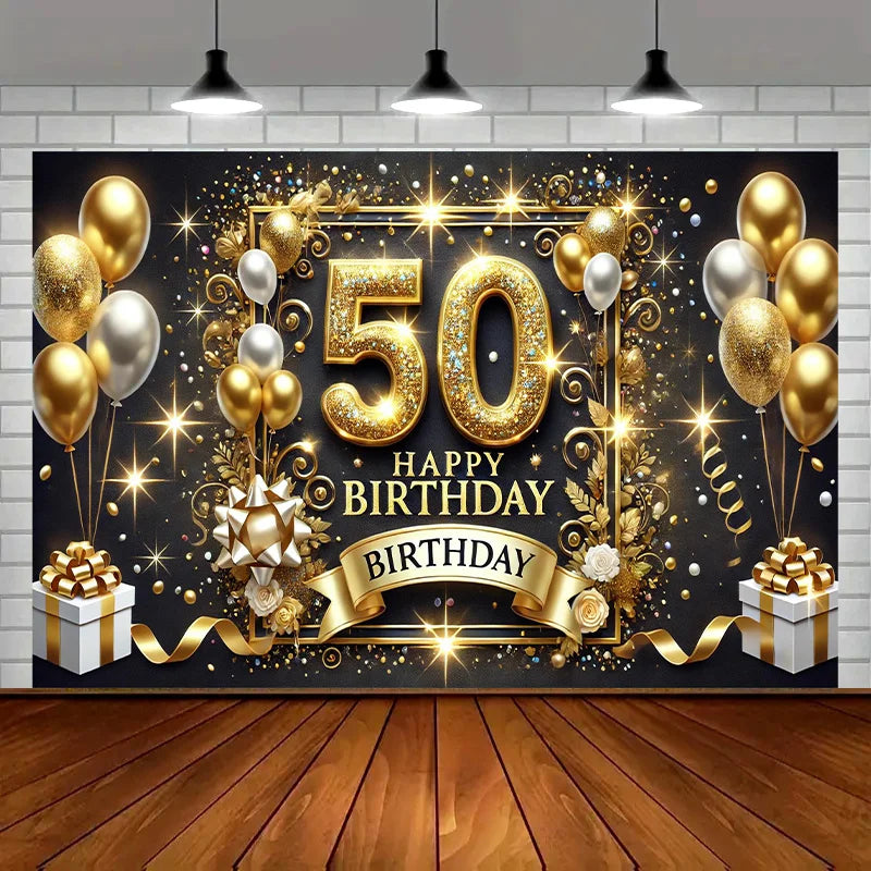 A large banner featuring the number 50 in gold glitter surrounded by gold and black celebratory decor and balloons.