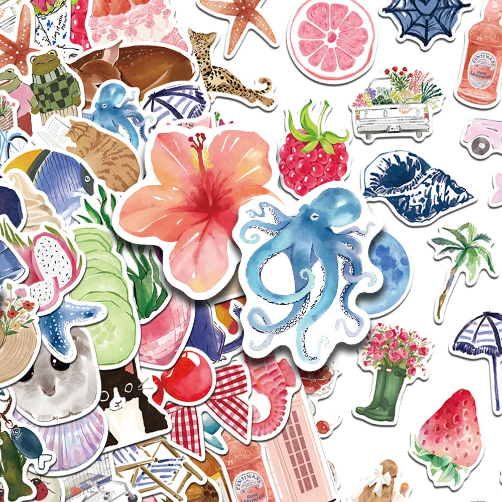 A collection of watercolor stickers featuring various animals, fruits, and natural elements for crafting projects.