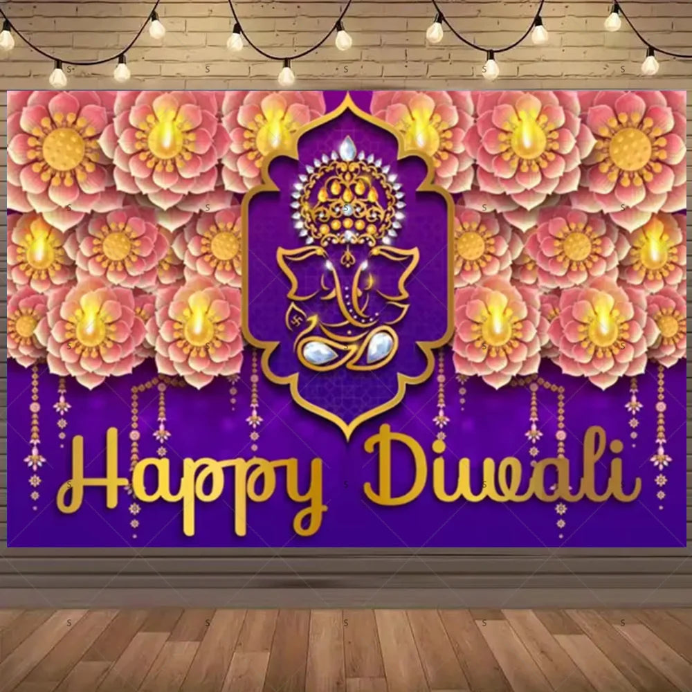 A vibrant purple backdrop featuring golden floral designs and a central motif for a Happy Diwali celebration.