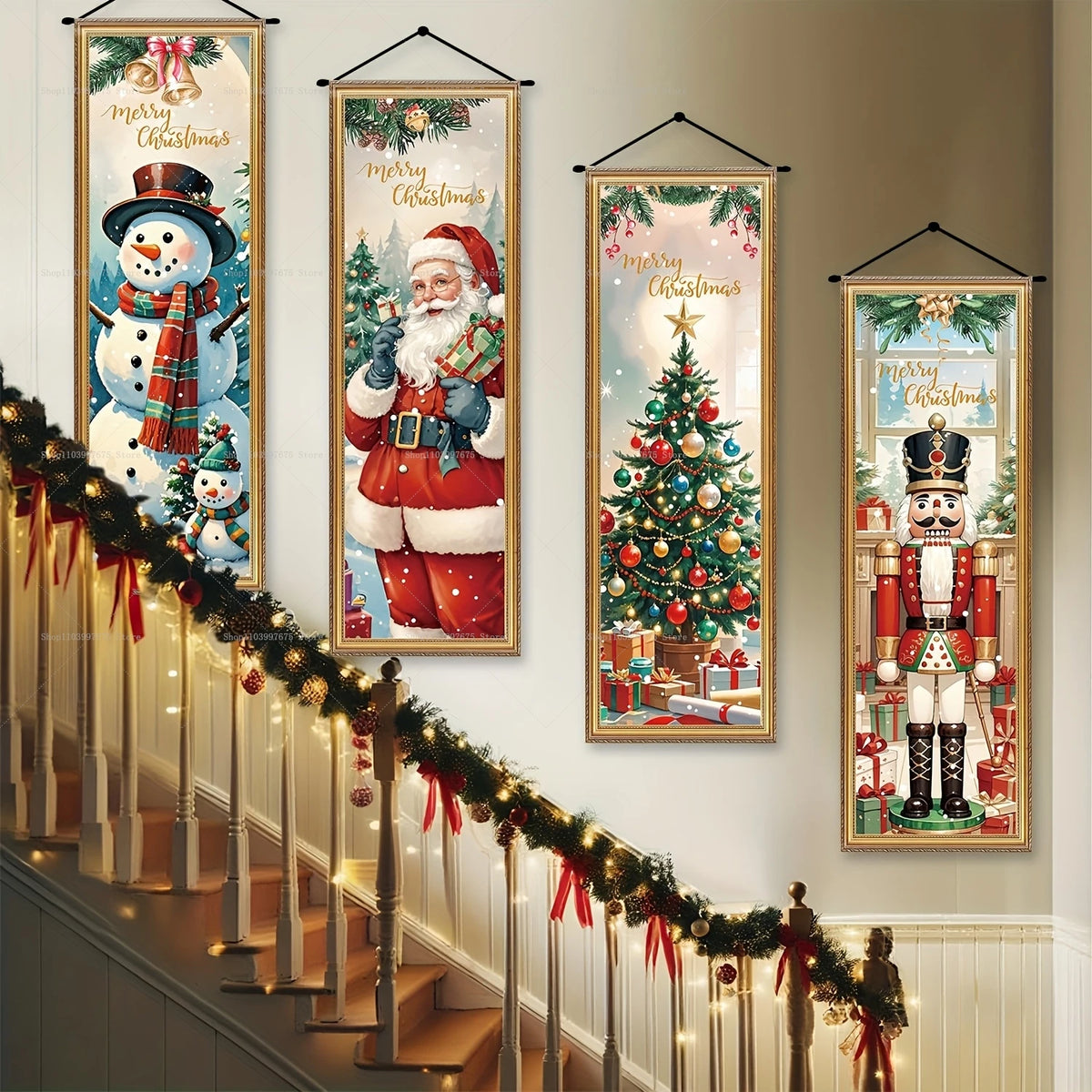 Vintage Christmas porch hanging banners featuring Santa, snowman, and reindeer designs displayed on a staircase.