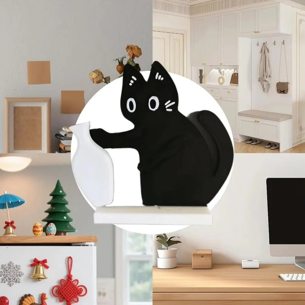 A black cat silhouette with white whiskers is displayed on a circular white background.
