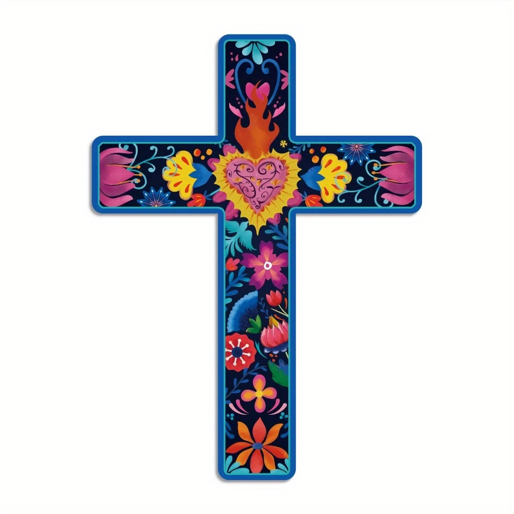 A colorful floral Mexican cross wall art design featuring vibrant pinks, oranges, yellows, and blues.