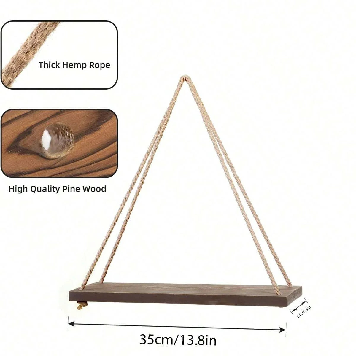 Wooden hanging shelf with hemp rope designed as a floating wall mount for plants and decor