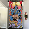 Vibrant wall art banner depicting Maa Kali in blue with gold jewelry against a red background.